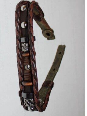 Men’s Braided Leather Skull Bracelet Brown Adjustable Biker Punk Gothic